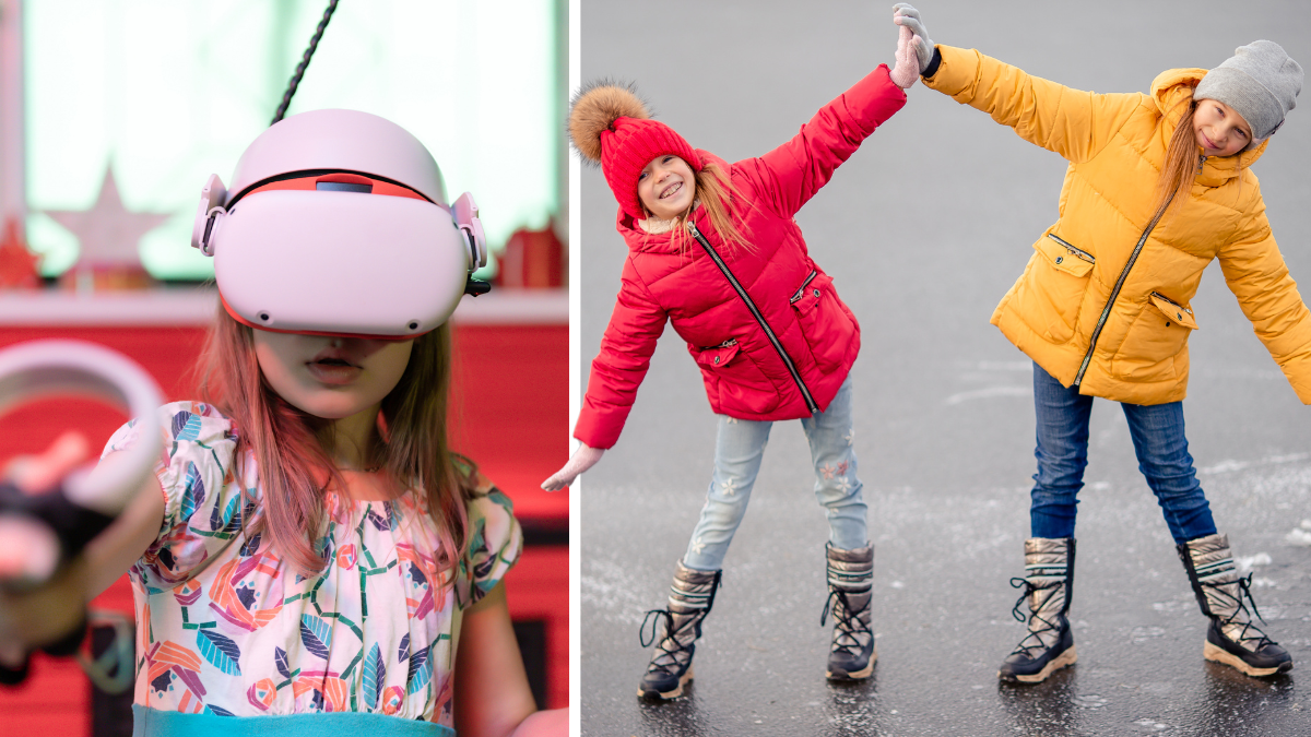 Barn med VR glasögon och barn åker skridsko